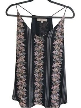 LOFT Black Floral Stripe V-Neck Sleeveless Blouse